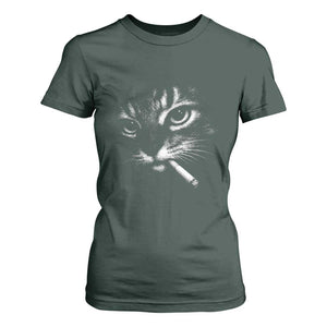 Funny Cat Smoking Cigarette Meme T Shirt For Women Cat Face Y2K Graphic TS11 Dark Forest Green Print Your Wear