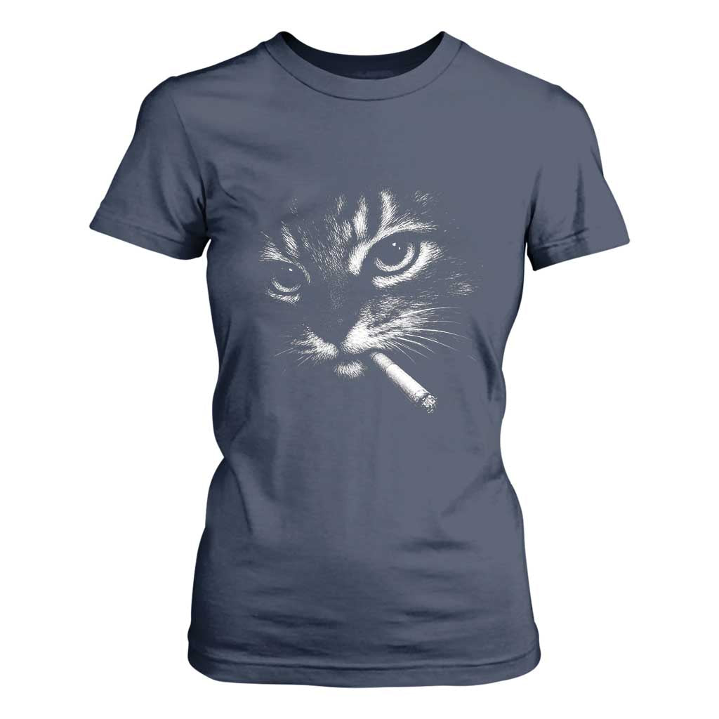 Funny Cat Smoking Cigarette Meme T Shirt For Women Cat Face Y2K Graphic TS11 Navy Print Your Wear