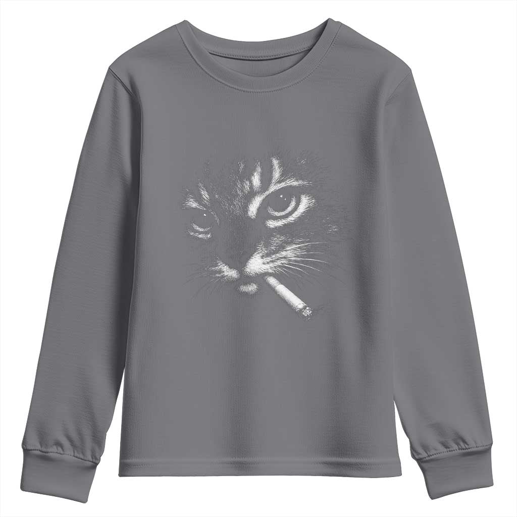 Funny Cat Smoking Cigarette Meme Youth Sweatshirt Cat Face Y2K Graphic TS11 Charcoal Print Your Wear