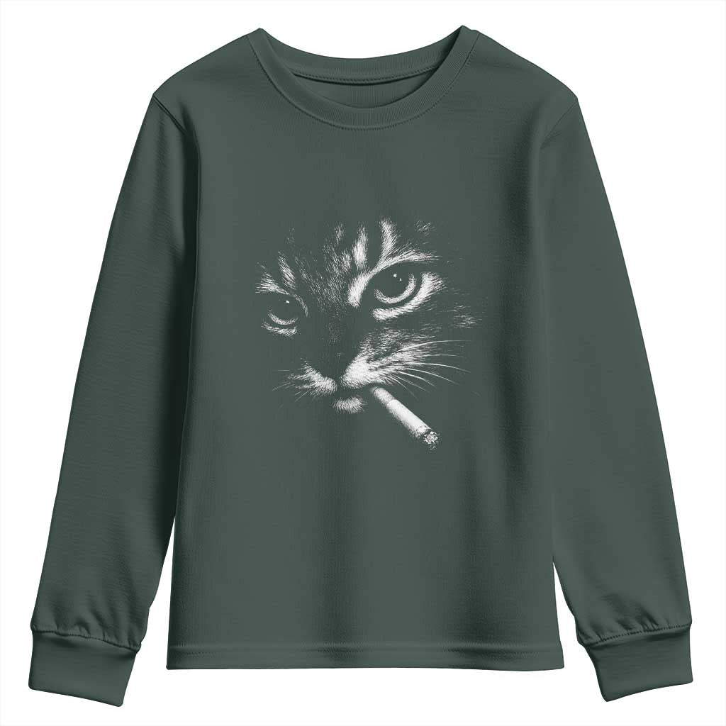 Funny Cat Smoking Cigarette Meme Youth Sweatshirt Cat Face Y2K Graphic TS11 Dark Forest Green Print Your Wear