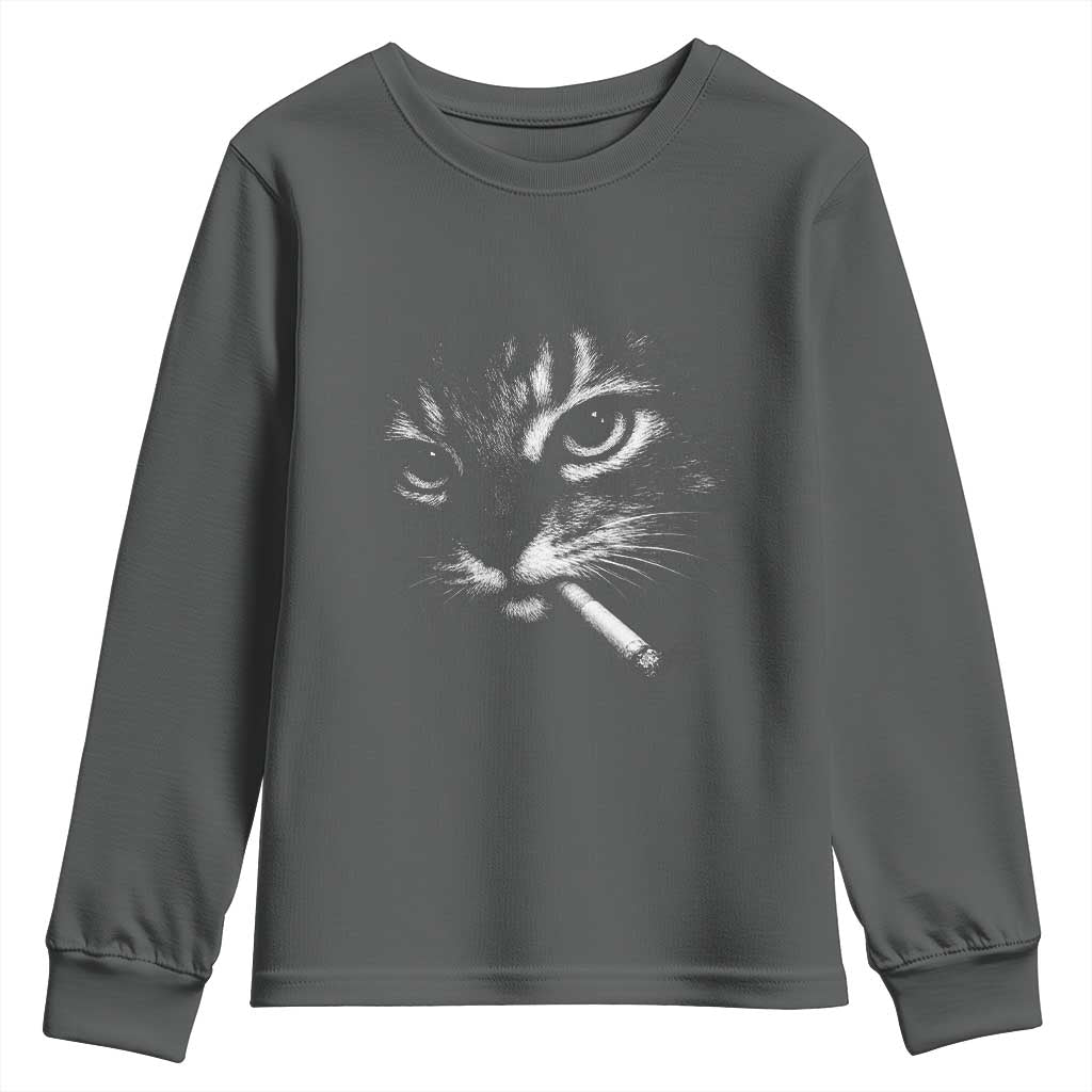 Funny Cat Smoking Cigarette Meme Youth Sweatshirt Cat Face Y2K Graphic TS11 Dark Heather Print Your Wear
