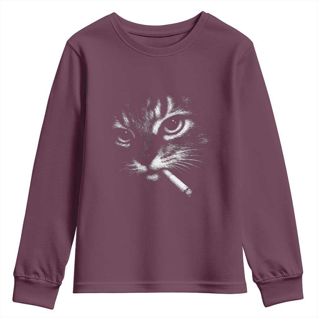 Funny Cat Smoking Cigarette Meme Youth Sweatshirt Cat Face Y2K Graphic TS11 Maroon Print Your Wear