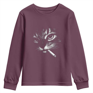 Funny Cat Smoking Cigarette Meme Youth Sweatshirt Cat Face Y2K Graphic TS11 Maroon Print Your Wear