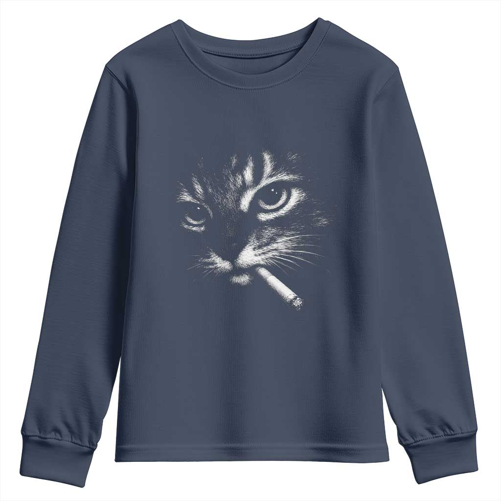 Funny Cat Smoking Cigarette Meme Youth Sweatshirt Cat Face Y2K Graphic TS11 Navy Print Your Wear