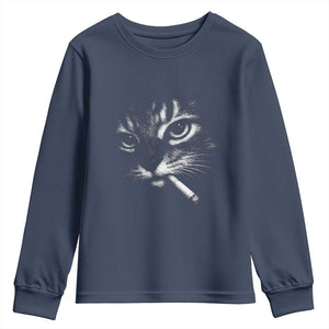 Funny Cat Smoking Cigarette Meme Youth Sweatshirt Cat Face Y2K Graphic TS11 Navy Print Your Wear