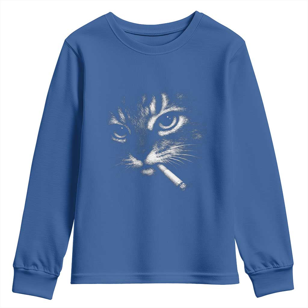 Funny Cat Smoking Cigarette Meme Youth Sweatshirt Cat Face Y2K Graphic TS11 Royal Blue Print Your Wear