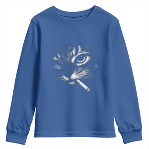Funny Cat Smoking Cigarette Meme Youth Sweatshirt Cat Face Y2K Graphic TS11 Royal Blue Print Your Wear