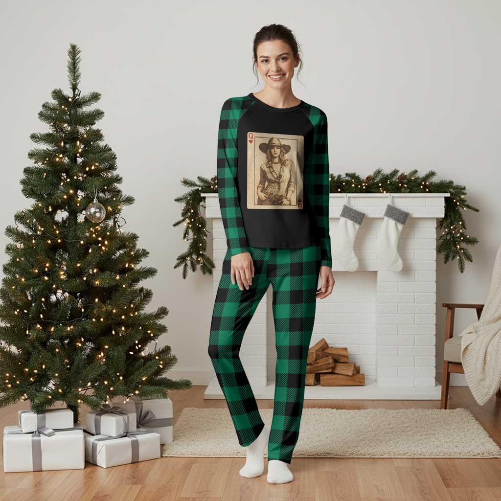 Funny Western Valentine Cowgirl Queen of Hearts Card Plaid Pajama Set TS11 Green Plaid Print Your Wear