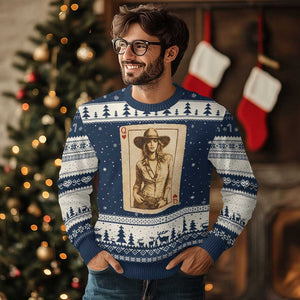 Funny Western Valentine Cowgirl Queen of Hearts Card Ugly Christmas Sweater TS11 Navy Beige Print Your Wear
