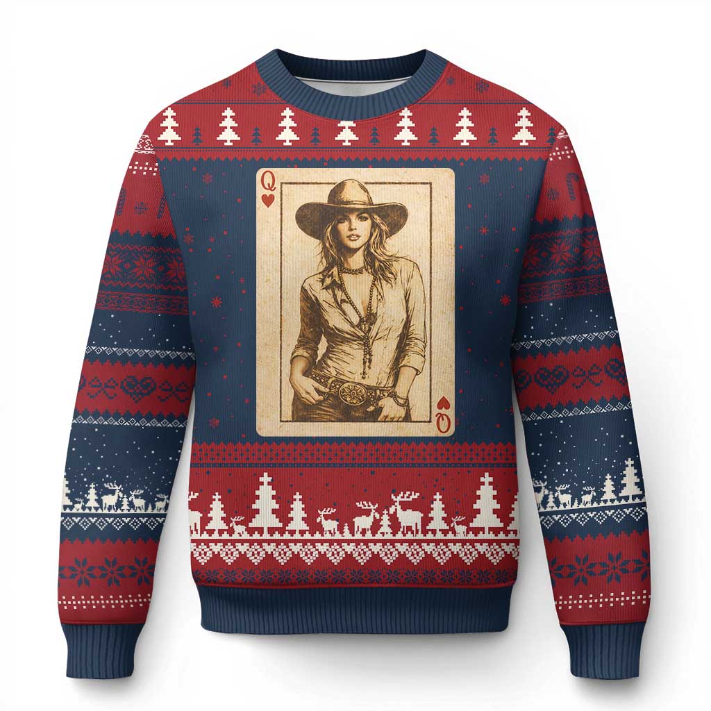 Funny Western Valentine Cowgirl Queen of Hearts Card Ugly Christmas Sweater TS11 Navy Red Print Your Wear