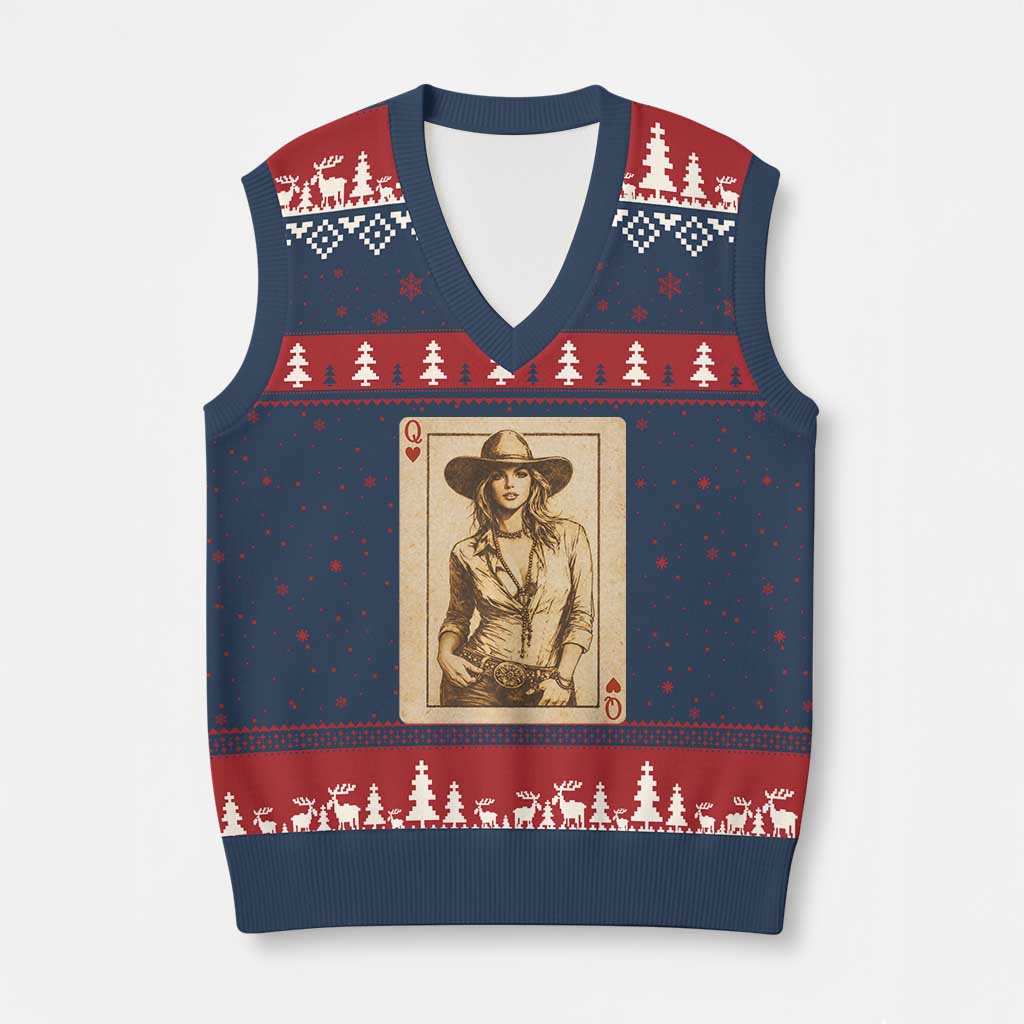 Funny Western Valentine Cowgirl Queen of Hearts Card V-Neck Knit Sweater Vest TS11 Navy Red Print Your Wear
