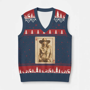Funny Western Valentine Cowgirl Queen of Hearts Card V-Neck Knit Sweater Vest TS11 Navy Red Print Your Wear
