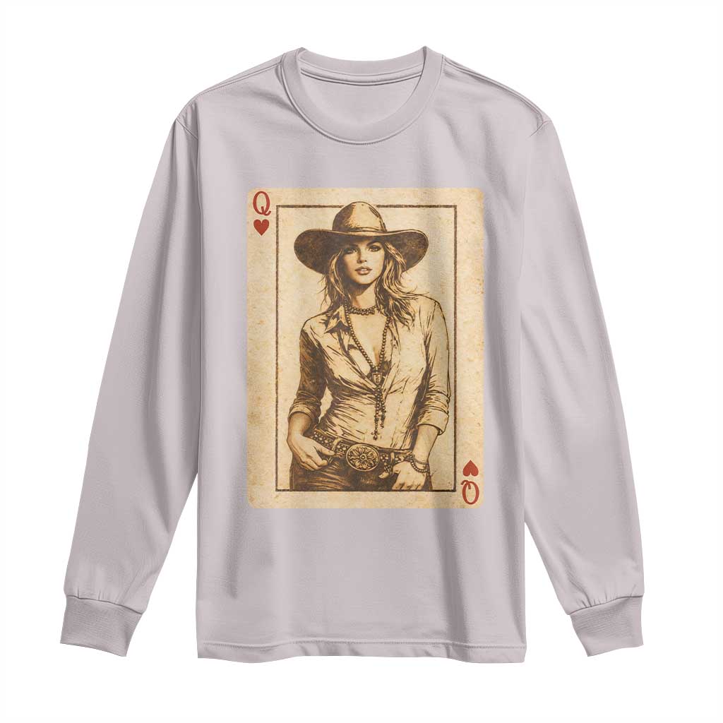 Funny Western Valentine Cowgirl Queen of Hearts Card Long Sleeve Shirt TS11 Ice Gray Print Your Wear