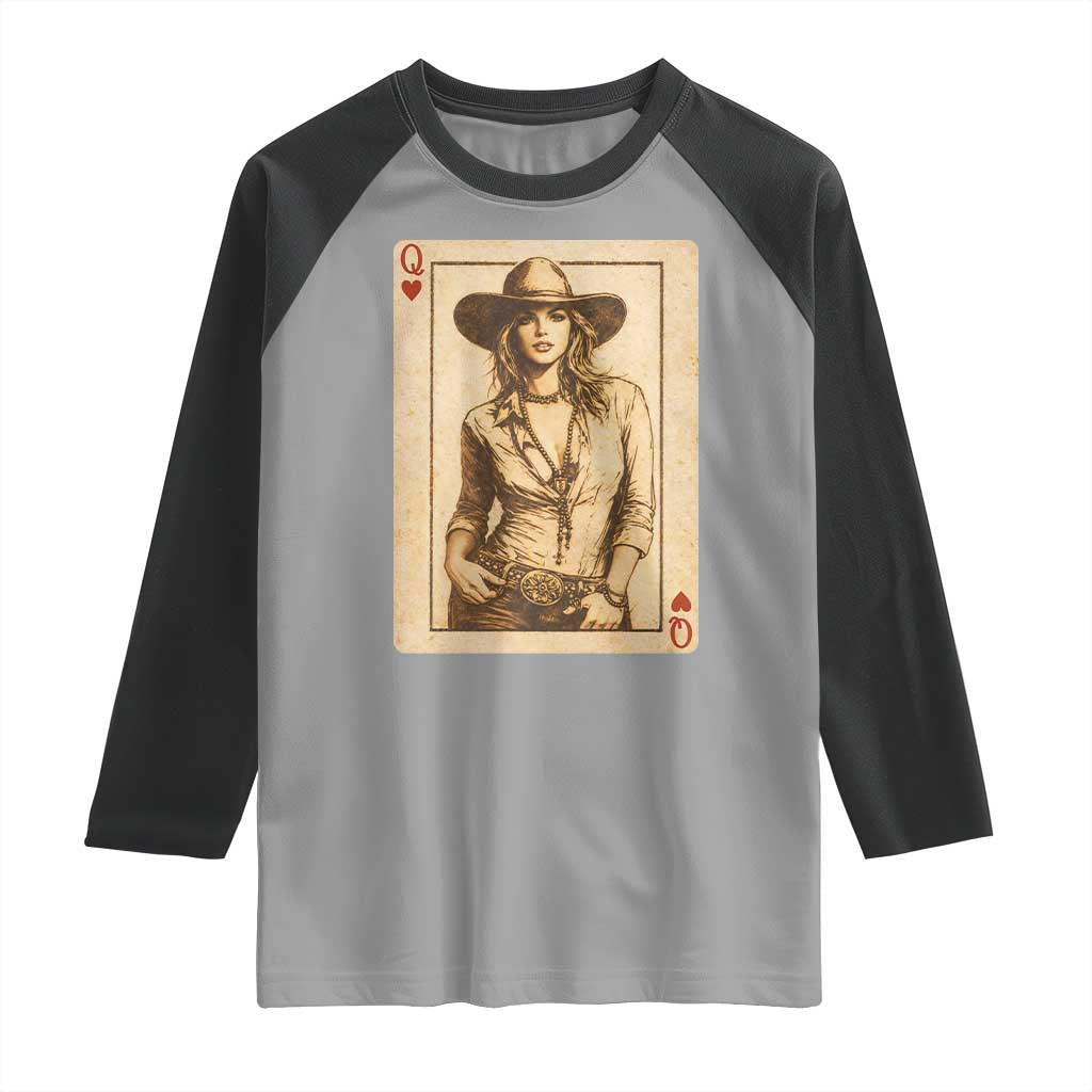 Funny Western Valentine Cowgirl Queen of Hearts Card Raglan Shirt TS11 Sport Gray Black Print Your Wear
