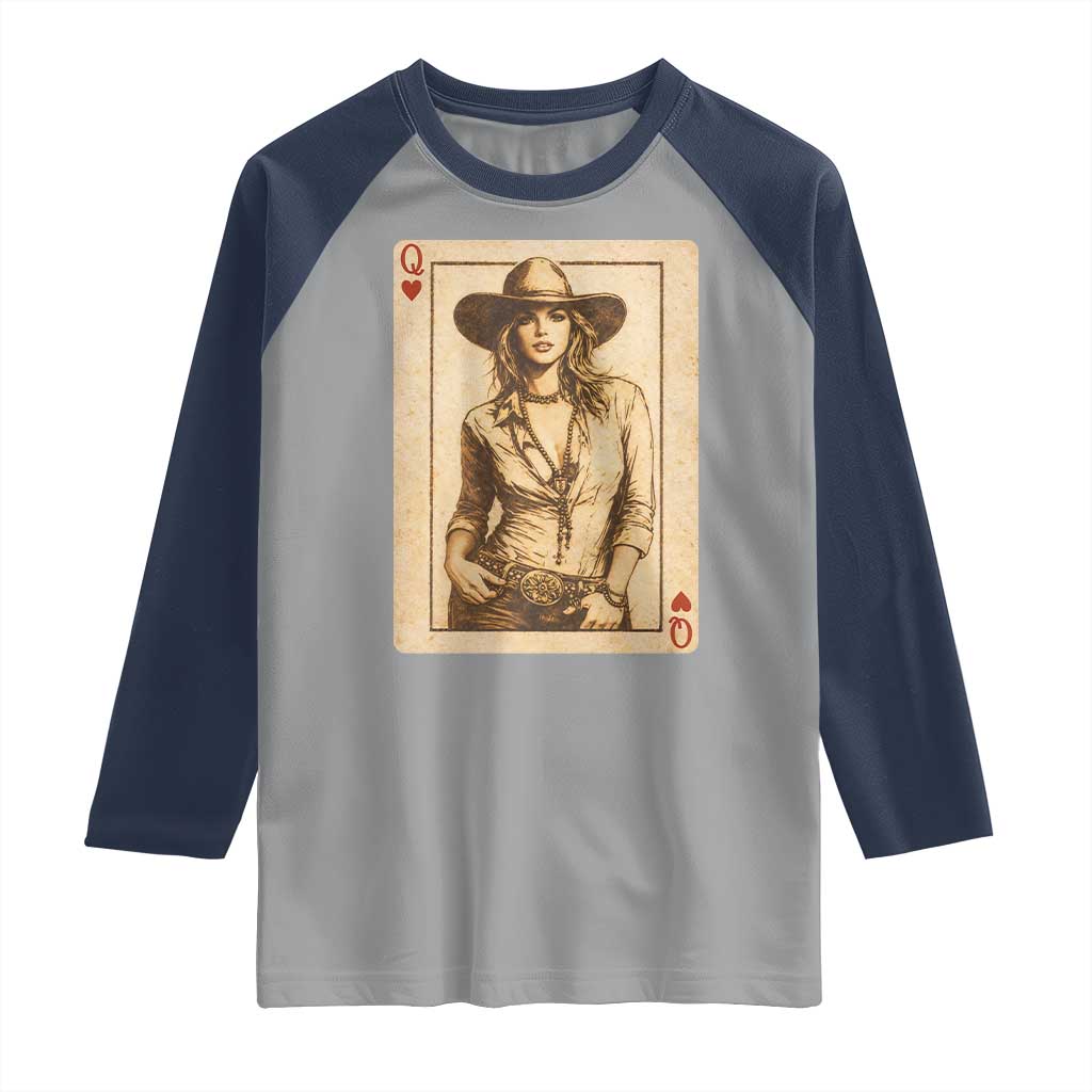 Funny Western Valentine Cowgirl Queen of Hearts Card Raglan Shirt TS11 Sport Gray Navy Print Your Wear