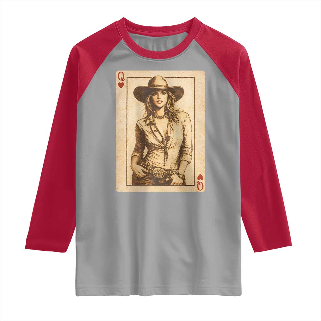 Funny Western Valentine Cowgirl Queen of Hearts Card Raglan Shirt TS11 Sport Gray Red Print Your Wear
