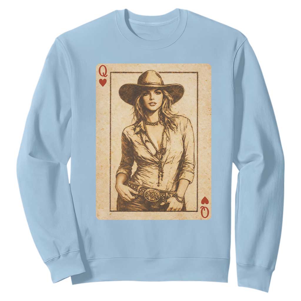 Funny Western Valentine Cowgirl Queen of Hearts Card Sweatshirt TS11 Light Blue Print Your Wear