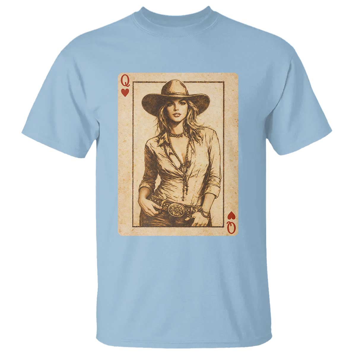 Funny Western Valentine Cowgirl Queen of Hearts Card T Shirt TS11 Light Blue Print Your Wear