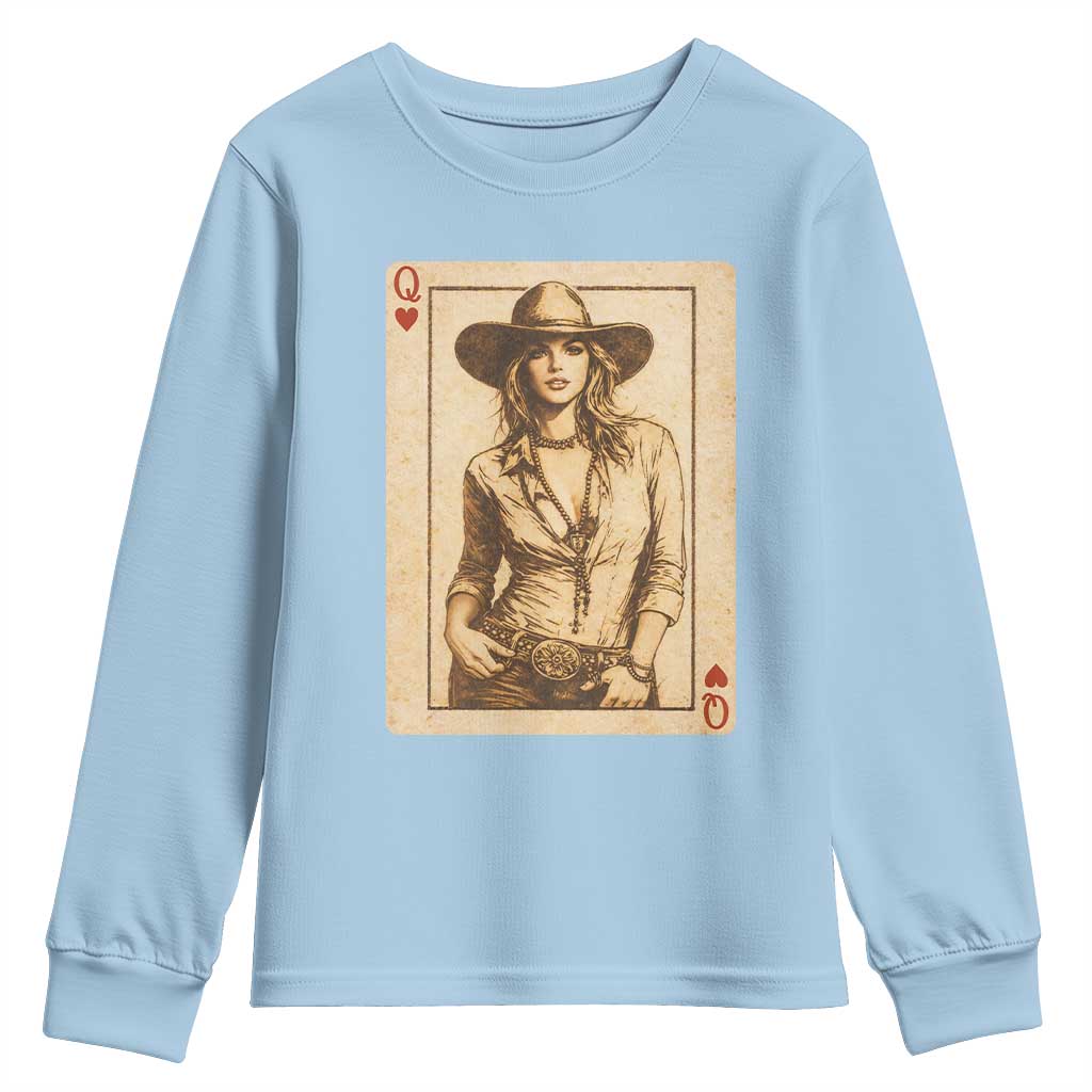 Funny Western Valentine Cowgirl Queen of Hearts Card Youth Sweatshirt TS11 Light Blue Print Your Wear