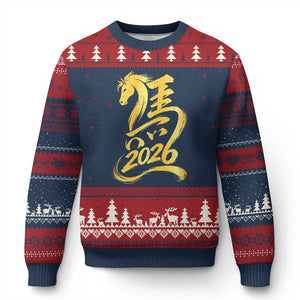 Chinese New Year 2026 Ugly Christmas Sweater Year of The Horse Gold Calligraphy Art TS11 Navy Red Print Your Wear
