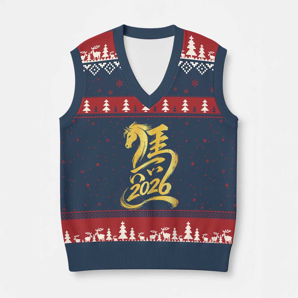Chinese New Year 2026 V-Neck Knit Sweater Vest Year of The Horse Gold Calligraphy Art TS11 Navy Red Print Your Wear
