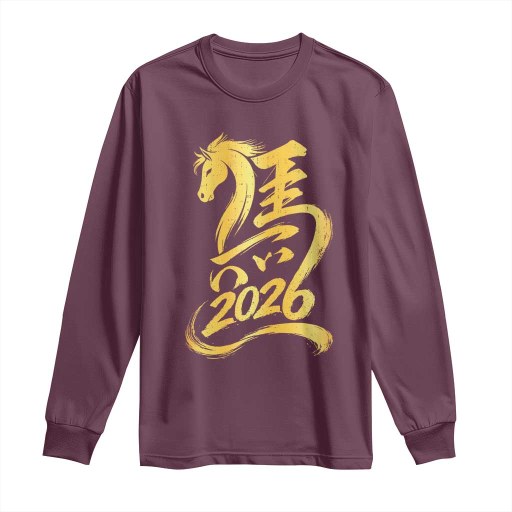 Chinese New Year 2026 Long Sleeve Shirt Year of The Horse Gold Calligraphy Art TS11 Maroon Print Your Wear