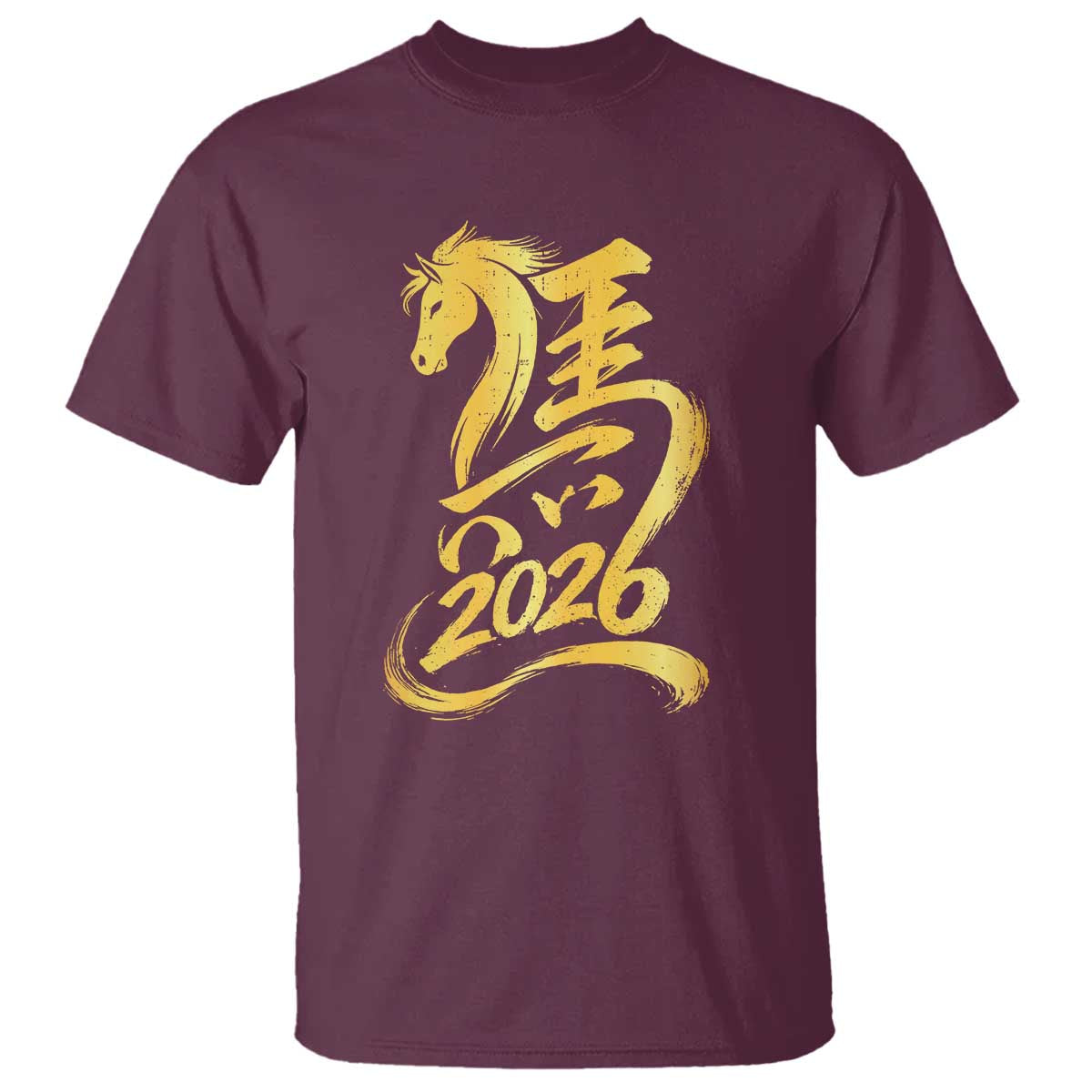 Chinese New Year 2026 T Shirt Year of The Horse Gold Calligraphy Art TS11 Maroon Print Your Wear