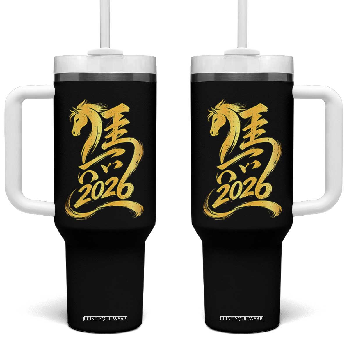 Chinese New Year 2026 Tumbler With Handle Year of The Horse Gold Calligraphy Art TS11 One Size: 40 oz Black Print Your Wear