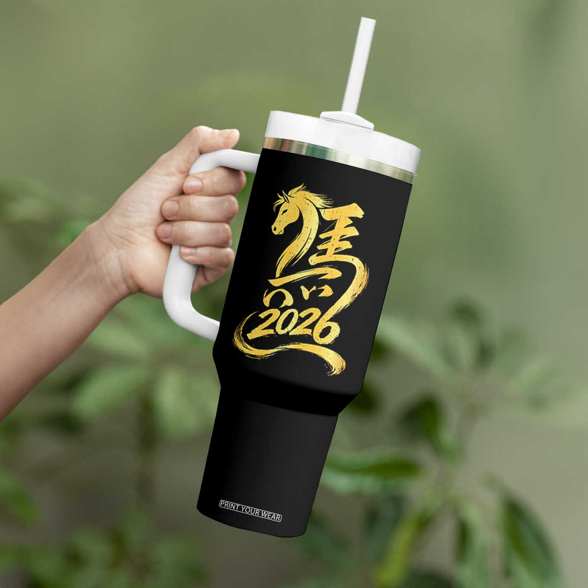 Chinese New Year 2026 Tumbler With Handle Year of The Horse Gold Calligraphy Art TS11 Print Your Wear