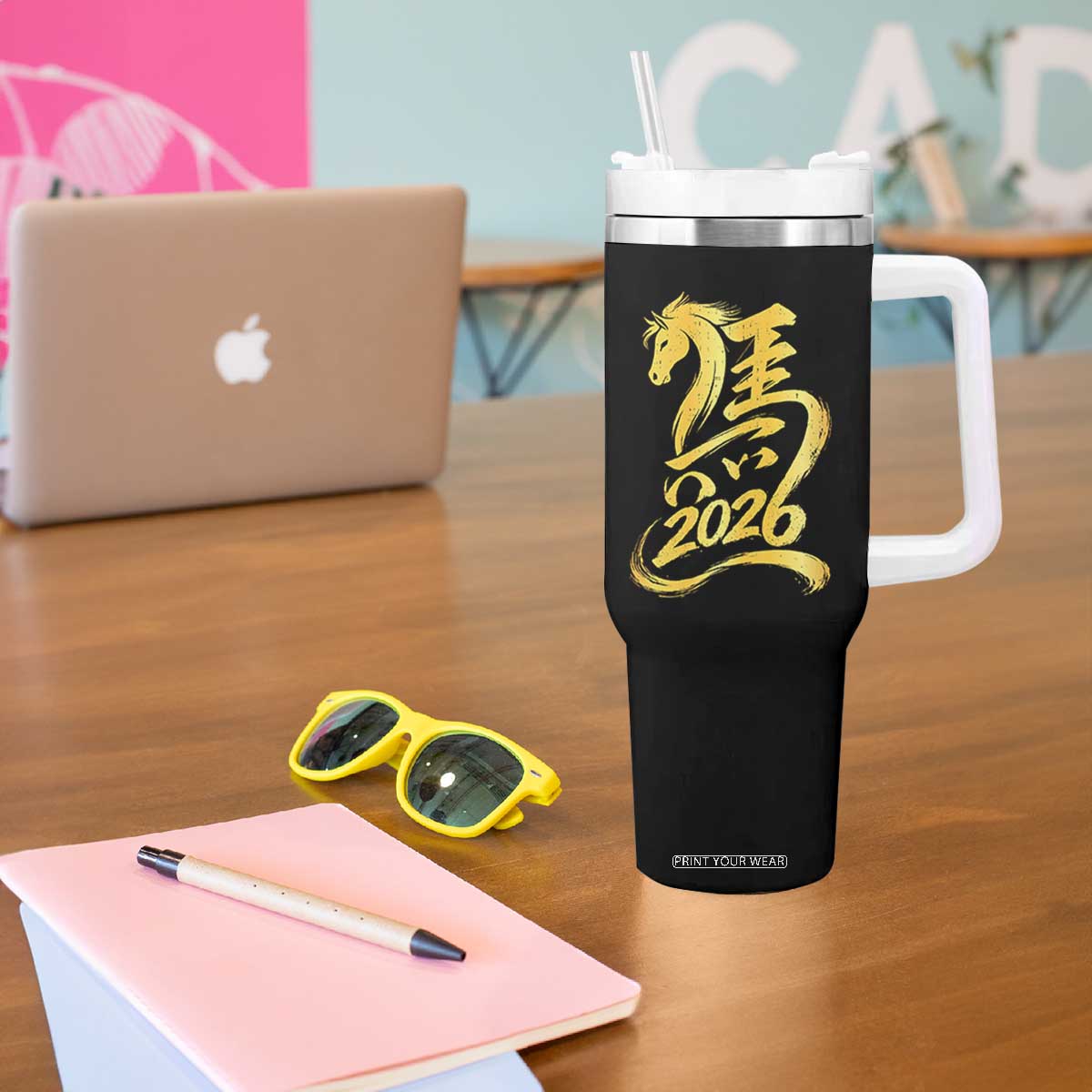 Chinese New Year 2026 Tumbler With Handle Year of The Horse Gold Calligraphy Art TS11 Print Your Wear