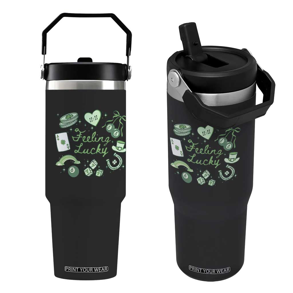 Feeling Lucky St Patricks Day Coquette Shamrock Flip Straw Tumbler TS11 One Size: 30 oz Black Print Your Wear