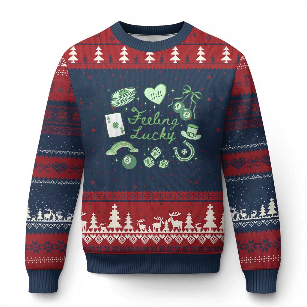Feeling Lucky St Patricks Day Coquette Shamrock Ugly Christmas Sweater TS11 Navy Red Print Your Wear