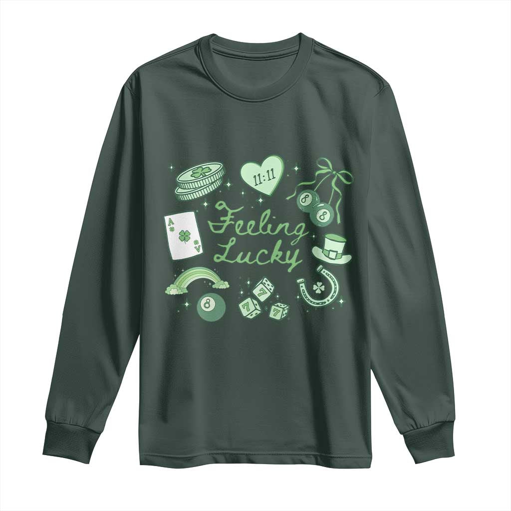 Feeling Lucky St Patricks Day Coquette Shamrock Long Sleeve Shirt TS11 Dark Forest Green Print Your Wear