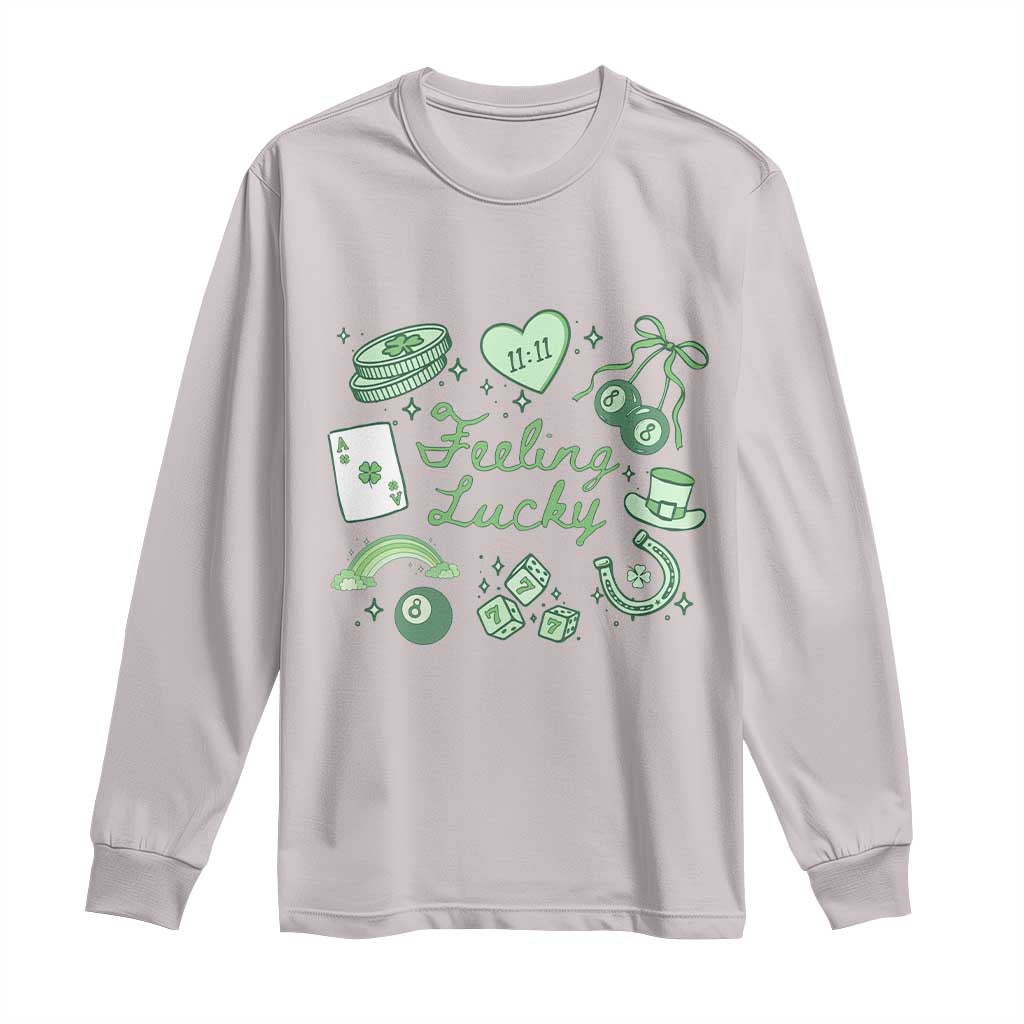 Feeling Lucky St Patricks Day Coquette Shamrock Long Sleeve Shirt TS11 Ice Gray Print Your Wear