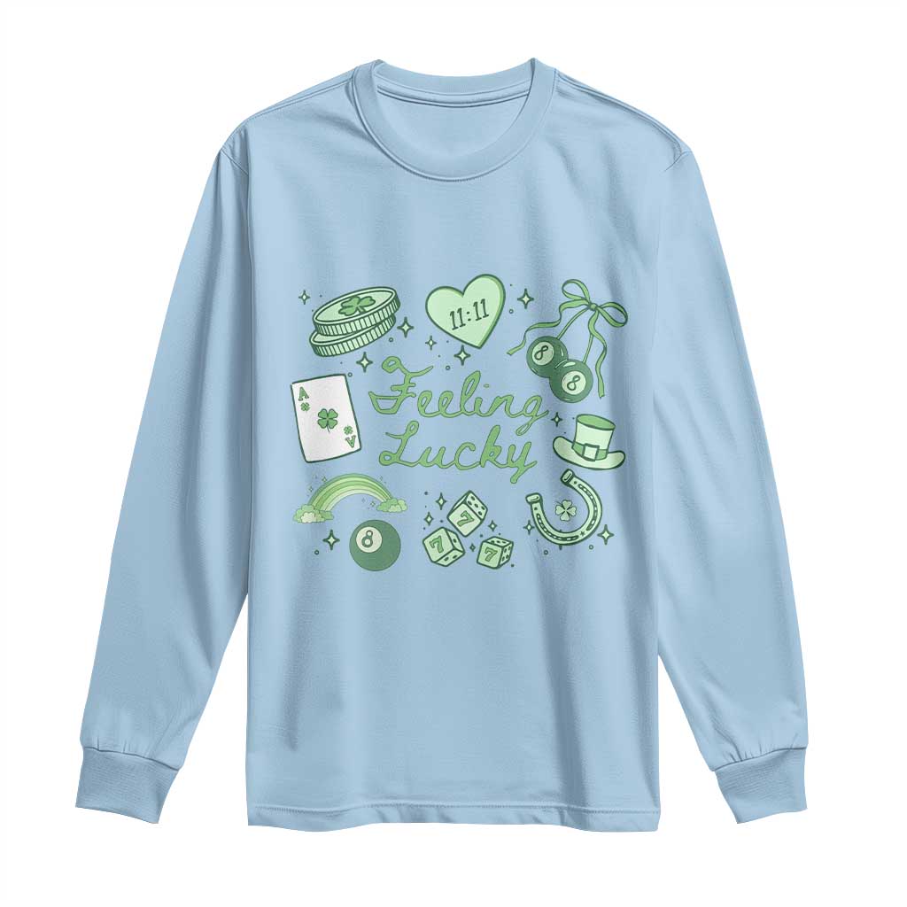 Feeling Lucky St Patricks Day Coquette Shamrock Long Sleeve Shirt TS11 Light Blue Print Your Wear