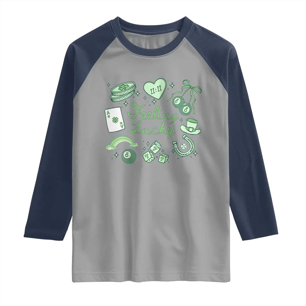 Feeling Lucky St Patricks Day Coquette Shamrock Raglan Shirt TS11 Sport Gray Navy Print Your Wear