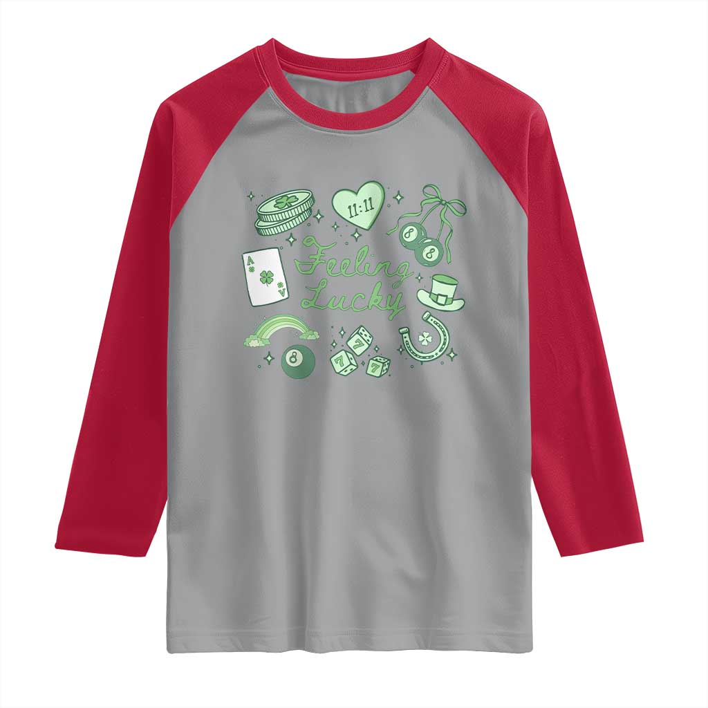 Feeling Lucky St Patricks Day Coquette Shamrock Raglan Shirt TS11 Sport Gray Red Print Your Wear