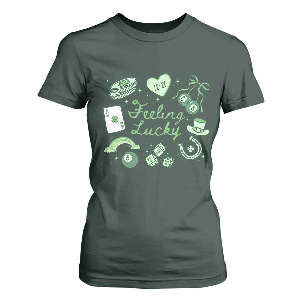Feeling Lucky St Patricks Day Coquette Shamrock T Shirt For Women TS11 Dark Forest Green Print Your Wear