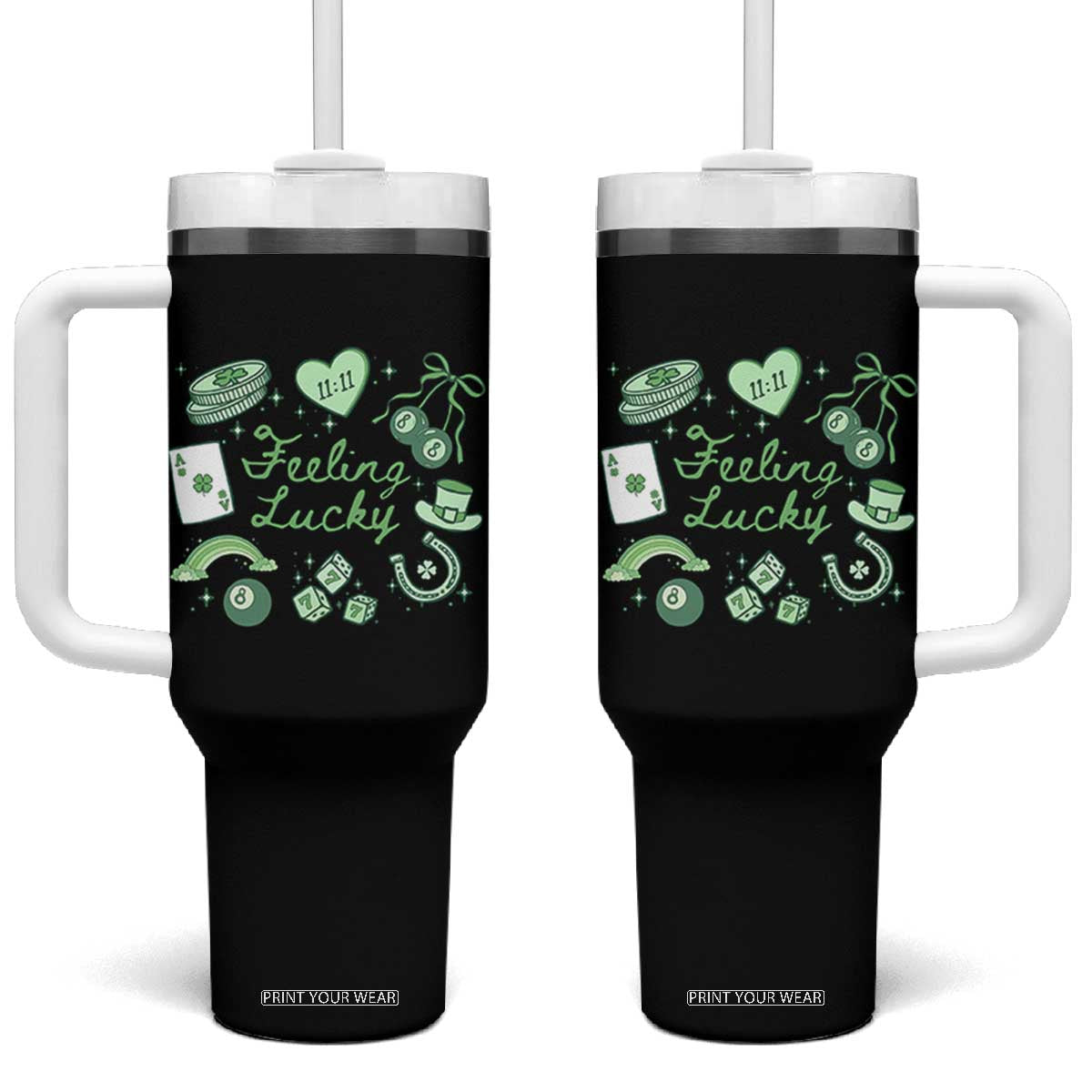 Feeling Lucky St Patricks Day Coquette Shamrock Tumbler With Handle TS11 One Size: 40 oz Black Print Your Wear