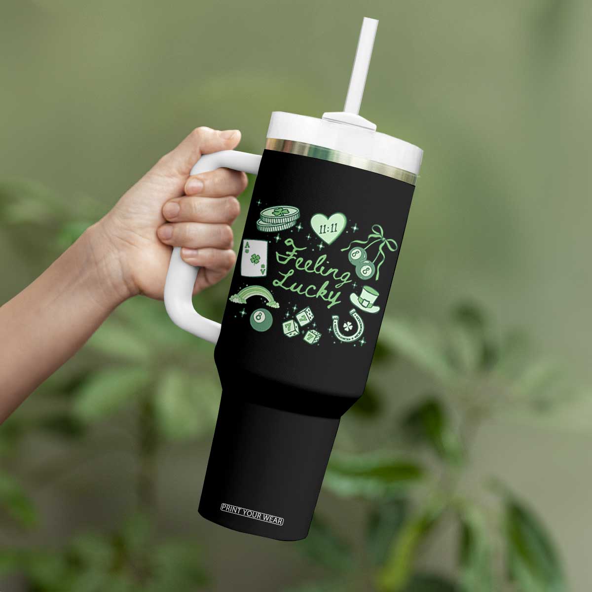 Feeling Lucky St Patricks Day Coquette Shamrock Tumbler With Handle TS11 Print Your Wear