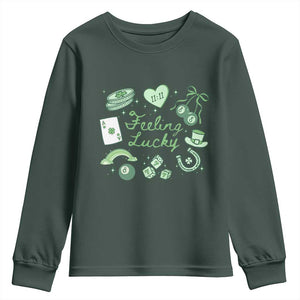Feeling Lucky St Patricks Day Coquette Shamrock Youth Sweatshirt TS11 Dark Forest Green Print Your Wear