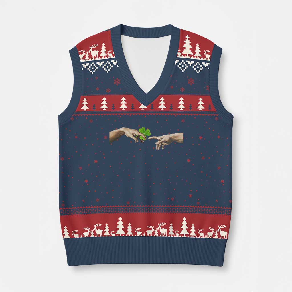 Funny St Patricks Day Shamrock The Creation of Adam Meme V-Neck Knit Sweater Vest TS11 Navy Red Print Your Wear