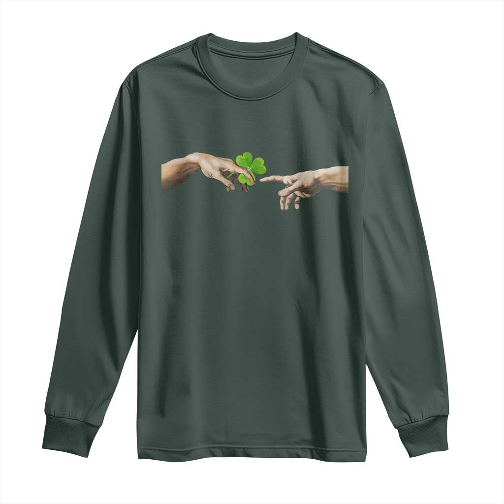 Funny St Patricks Day Shamrock The Creation of Adam Meme Long Sleeve Shirt TS11 Dark Forest Green Print Your Wear
