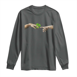 Funny St Patricks Day Shamrock The Creation of Adam Meme Long Sleeve Shirt TS11 Dark Heather Print Your Wear