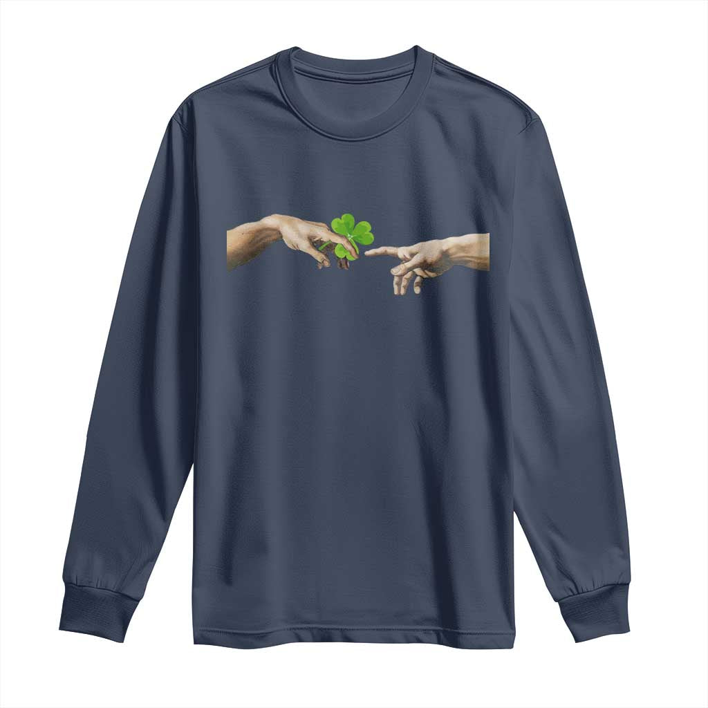 Funny St Patricks Day Shamrock The Creation of Adam Meme Long Sleeve Shirt TS11 Navy Print Your Wear