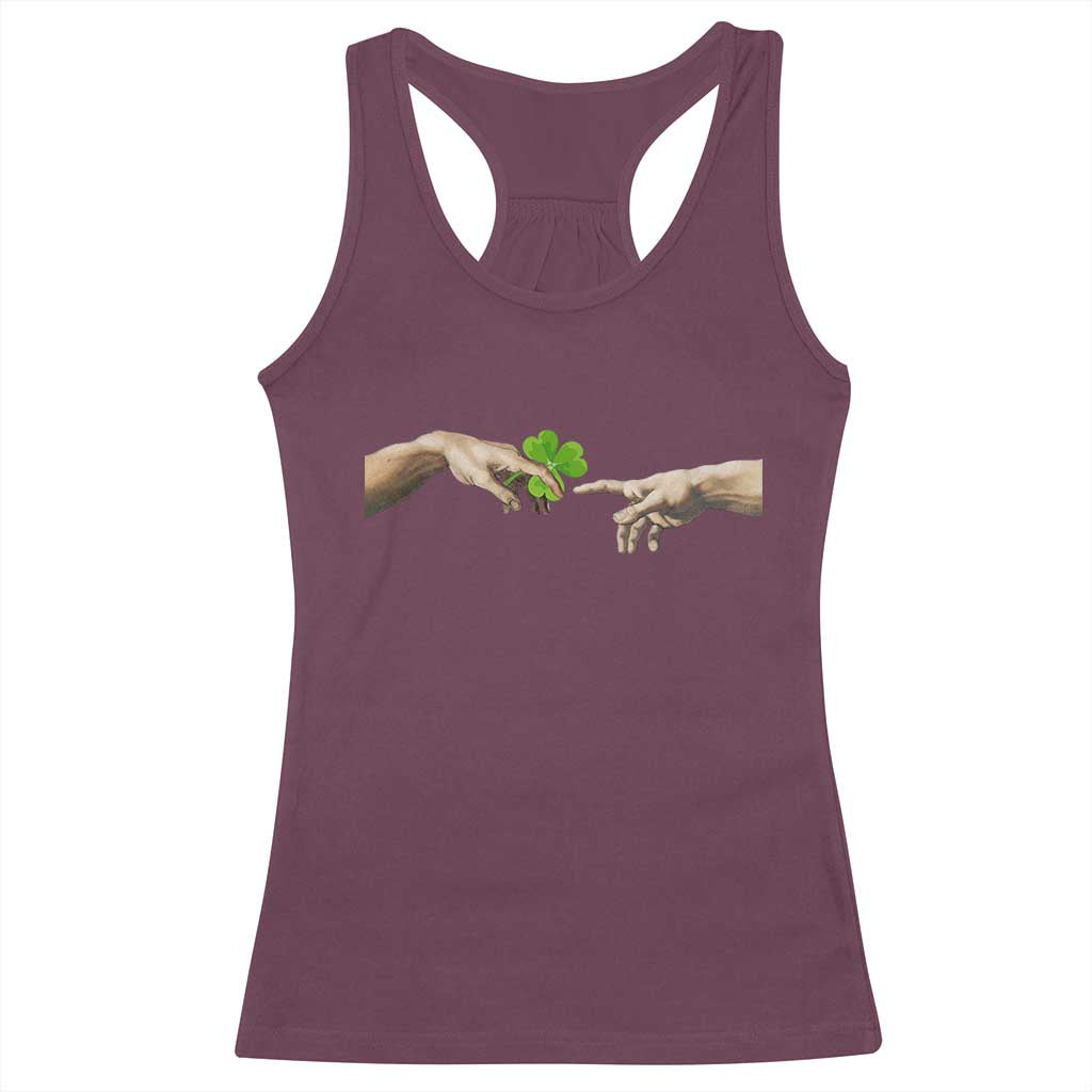 Funny St Patricks Day Shamrock The Creation of Adam Meme Racerback Tank Top TS11 Maroon Print Your Wear