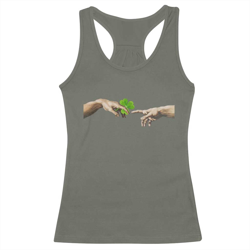 Funny St Patricks Day Shamrock The Creation of Adam Meme Racerback Tank Top TS11 Military Green Print Your Wear