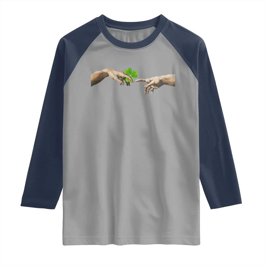 Funny St Patricks Day Shamrock The Creation of Adam Meme Raglan Shirt TS11 Sport Gray Navy Print Your Wear