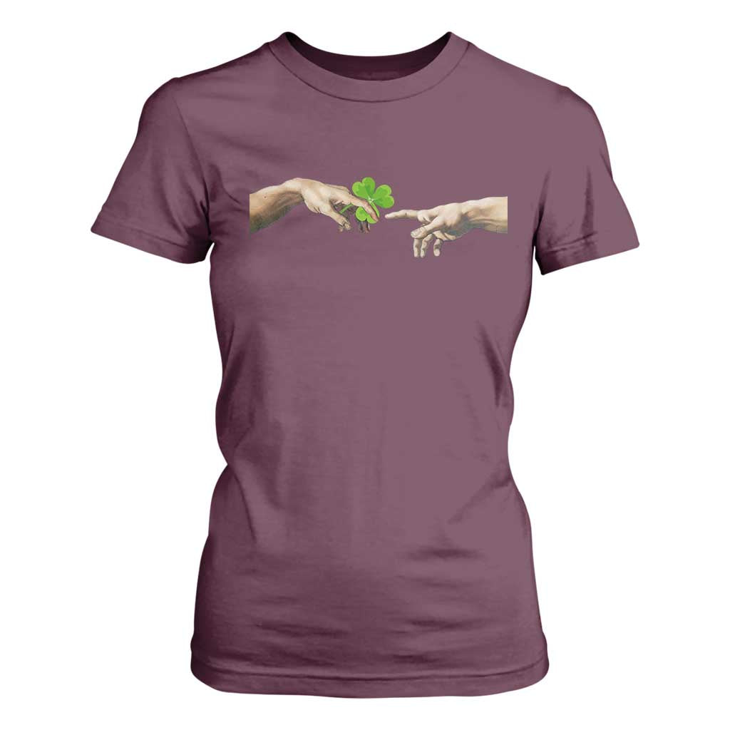 Funny St Patricks Day Shamrock The Creation of Adam Meme T Shirt For Women TS11 Maroon Print Your Wear