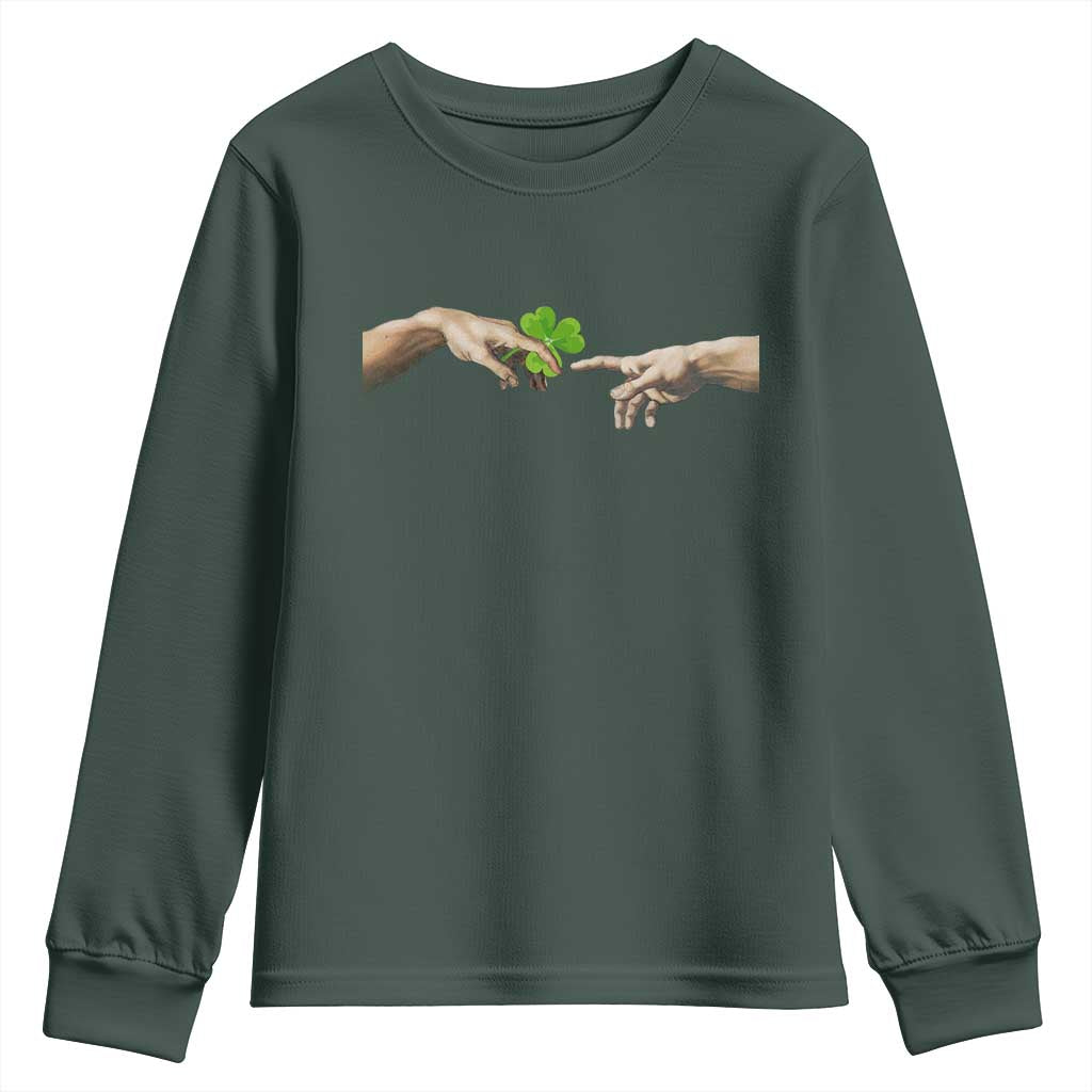 Funny St Patricks Day Shamrock The Creation of Adam Meme Youth Sweatshirt TS11 Dark Forest Green Print Your Wear